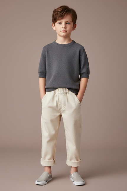 Pantalon Chinois Crème Ample Coton Enfant - Beige