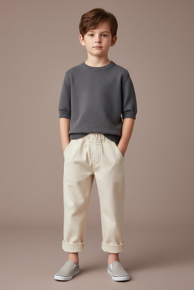 Pantalon Chinois Crème Ample Coton Enfant - Beige