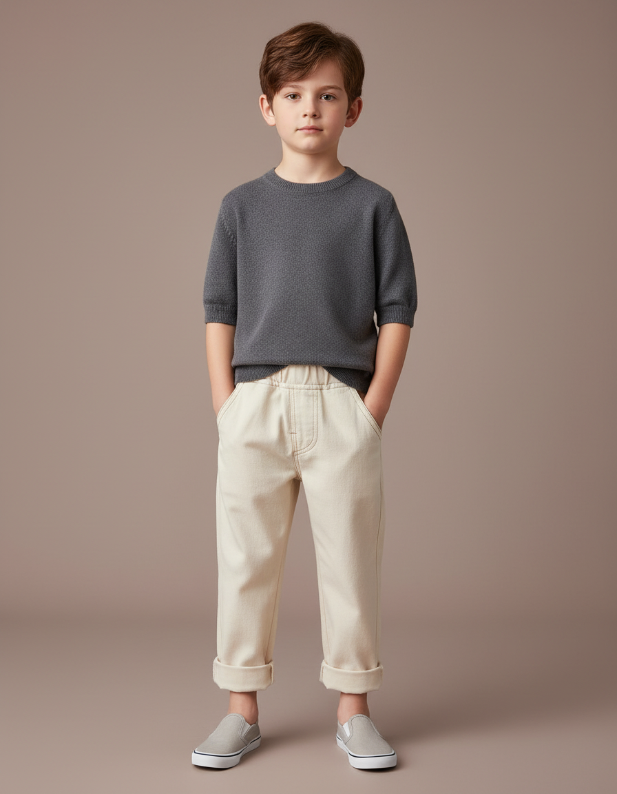 Pantalon Chinois Crème Ample Coton Enfant - Beige