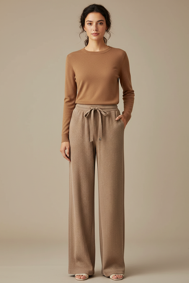 Pantalon Chinois Côtelé Marron Ample Confortable Femme - Camel Cordé