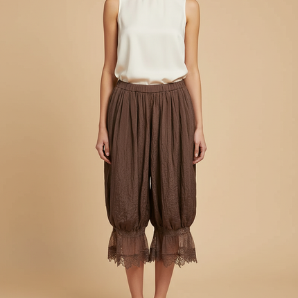 Pantalon Chinois Marron Ample Fluide Dentelle Jambes Ballons - Lin