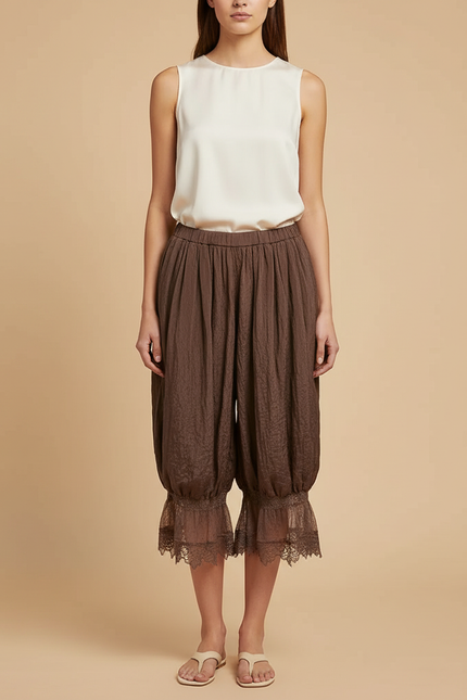 Pantalon Chinois Marron Ample Fluide Dentelle Jambes Ballons - Lin