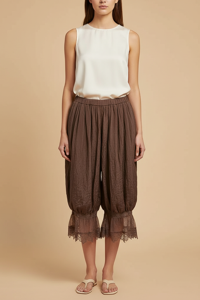 Pantalon Chinois Marron Ample Fluide Dentelle Jambes Ballons - Lin