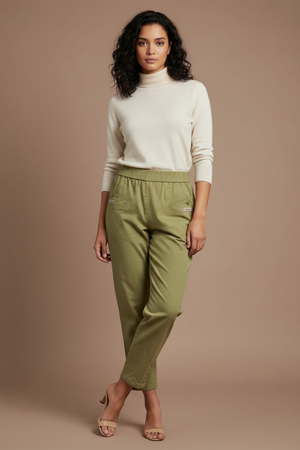 Pantalon Chinois Vert Kaki Taille Haute Décontracté - Gabardine