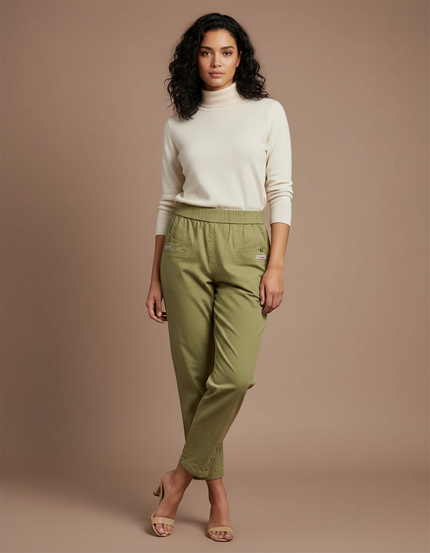 Pantalon Chinois Vert Kaki Taille Haute Décontracté - Gabardine