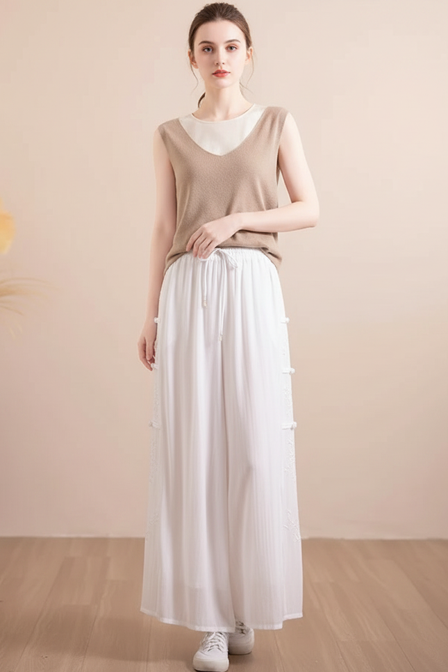 Pantalon Chinois Blanc Ample Brodé Tencel Fluide - Viscose