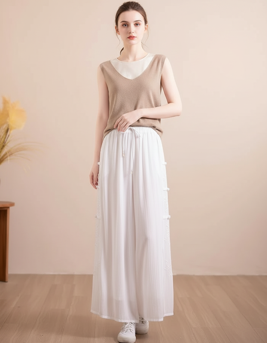 Pantalon Chinois Blanc Ample Brodé Tencel Fluide - Viscose