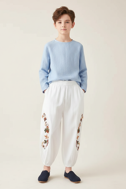 Pantalon Chinois Blanc Bouffant Brodé Floral Enfant - Lin