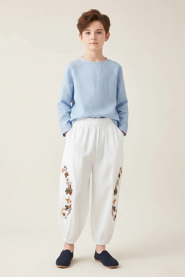 Pantalon Chinois Blanc Bouffant Brodé Floral Enfant - Lin