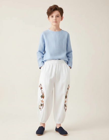 Pantalon Chinois Blanc Bouffant Brodé Floral Enfant - Lin