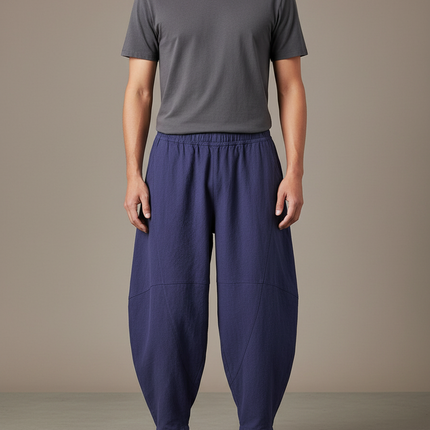Pantalon Chinois Bleu Ample Coton Lin Unisexe - Marine