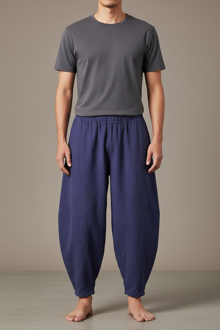 Pantalon Chinois Bleu Ample Coton Lin Unisexe - Marine