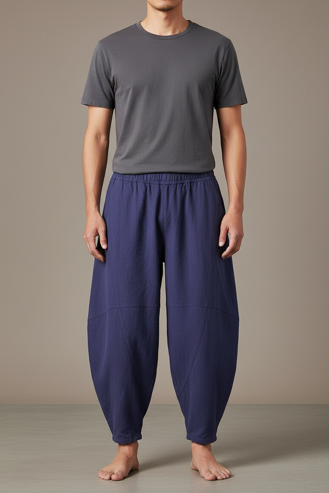 Pantalon Chinois Bleu Ample Coton Lin Unisexe - Marine