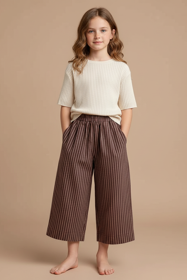 Pantalon Chinois Rayé Marron Ample Coton Fluide