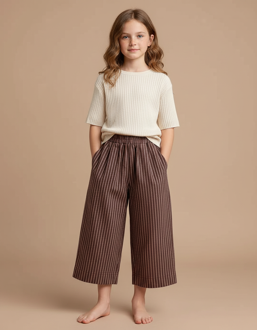 Pantalon Chinois Rayé Marron Ample Coton Fluide