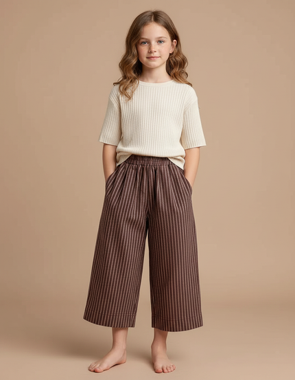 Pantalon Chinois Rayé Marron Ample Coton Fluide