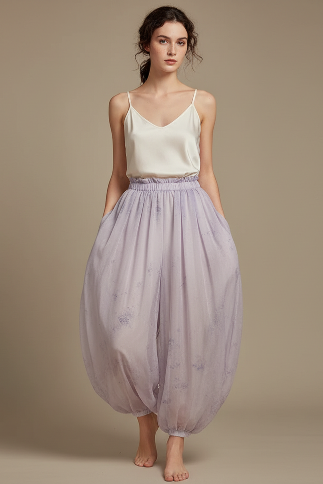 Pantalon Chinois Lavande Fluide Ample Transparent Imprimé Femme - Violet Polyester