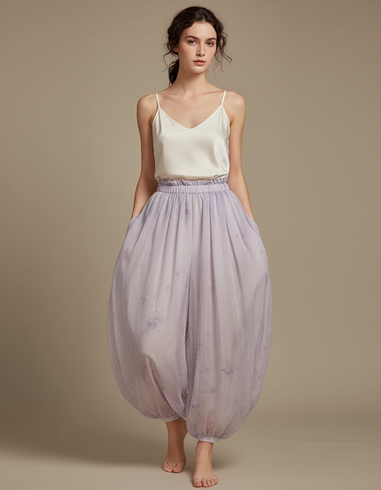 Pantalon Chinois Lavande Fluide Ample Transparent Imprimé Femme - Violet Polyester