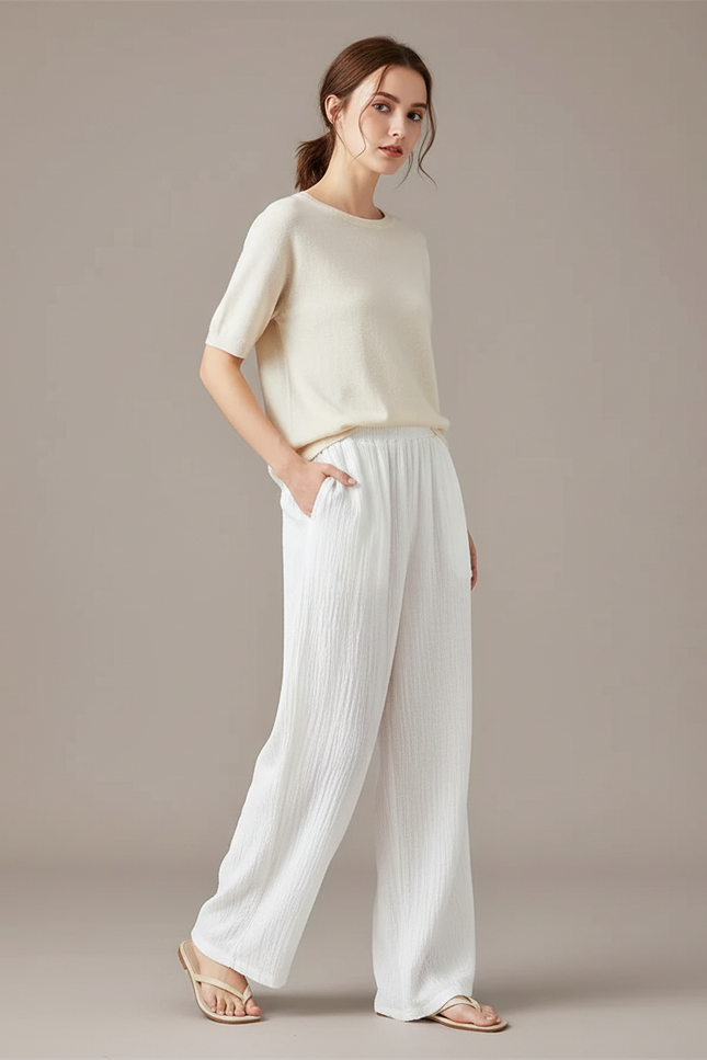 Pantalon Chinois Blanc Ample Lin Plissé Décontracté