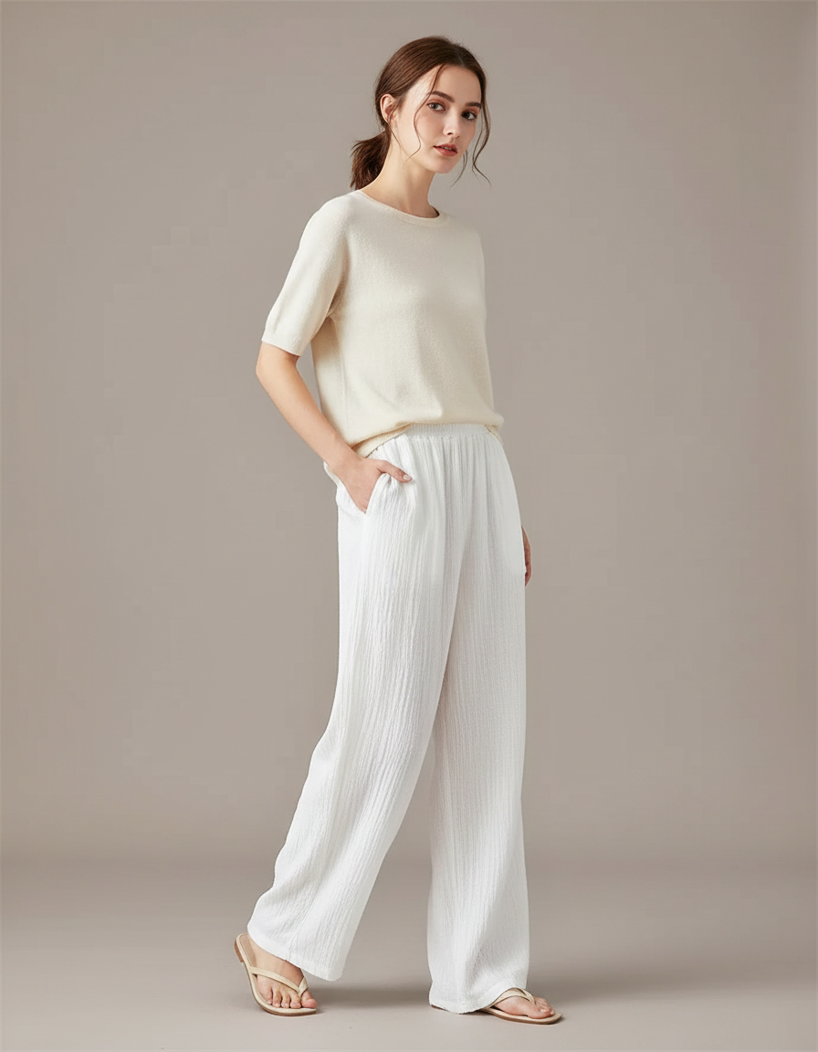 Pantalon Chinois Blanc Ample Lin Plissé Décontracté
