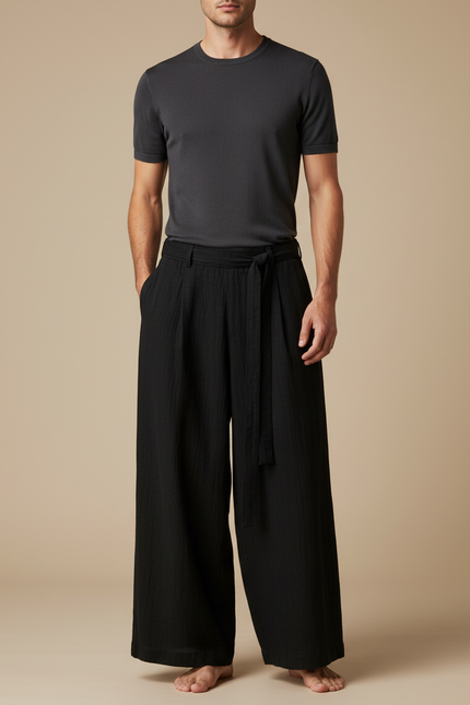 Pantalon Chinois Noir Ample Coton Ceinture Décontracté