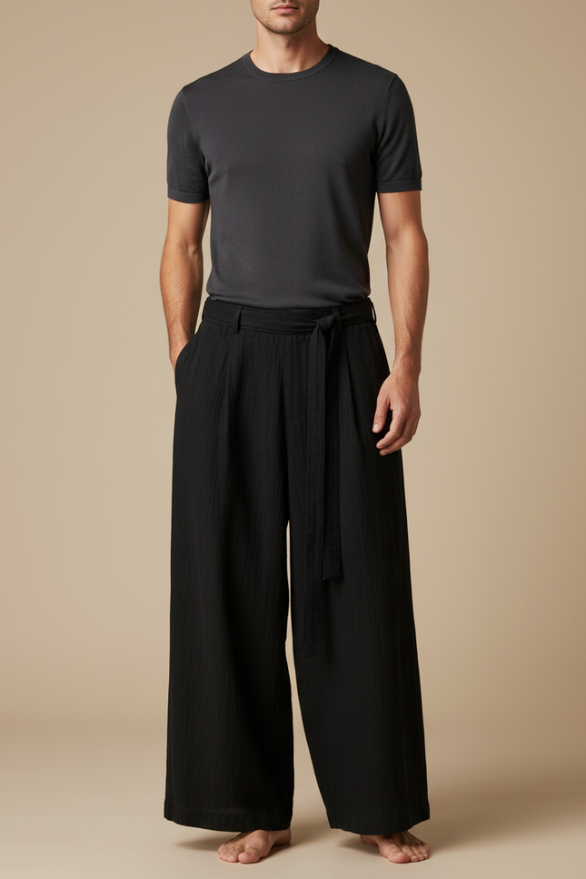 Pantalon Chinois Noir Ample Coton Ceinture Décontracté