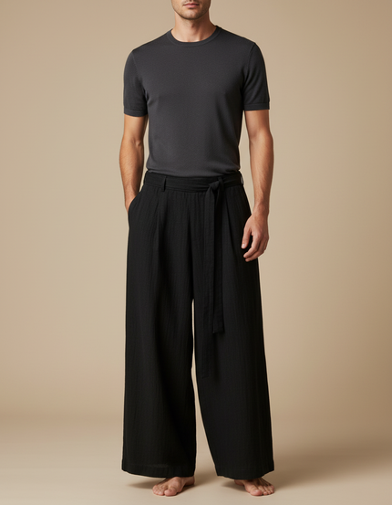 Pantalon Chinois Noir Ample Coton Ceinture Décontracté
