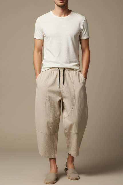 Pantalon Chinois Coton Lin Harem Beige Homme