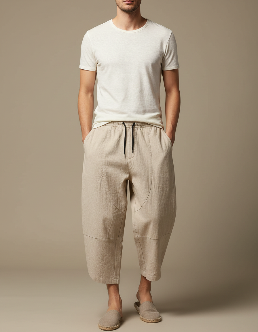 Pantalon Chinois Coton Lin Harem Beige Homme