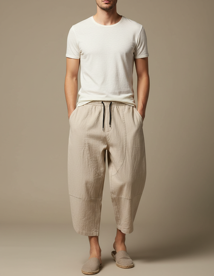 Pantalon Chinois Coton Lin Harem Beige Homme