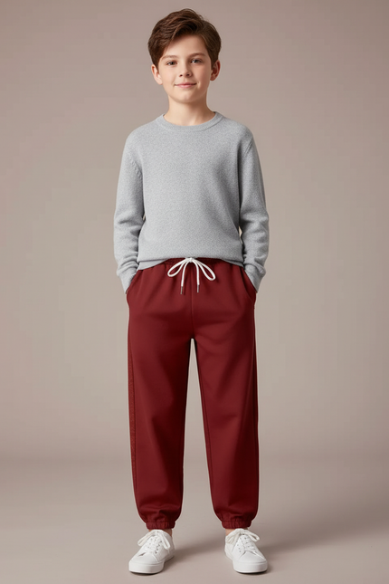 Pantalon Chinois Rouge Cordon Élastique Garçon Jogger - Bordeaux Polyester