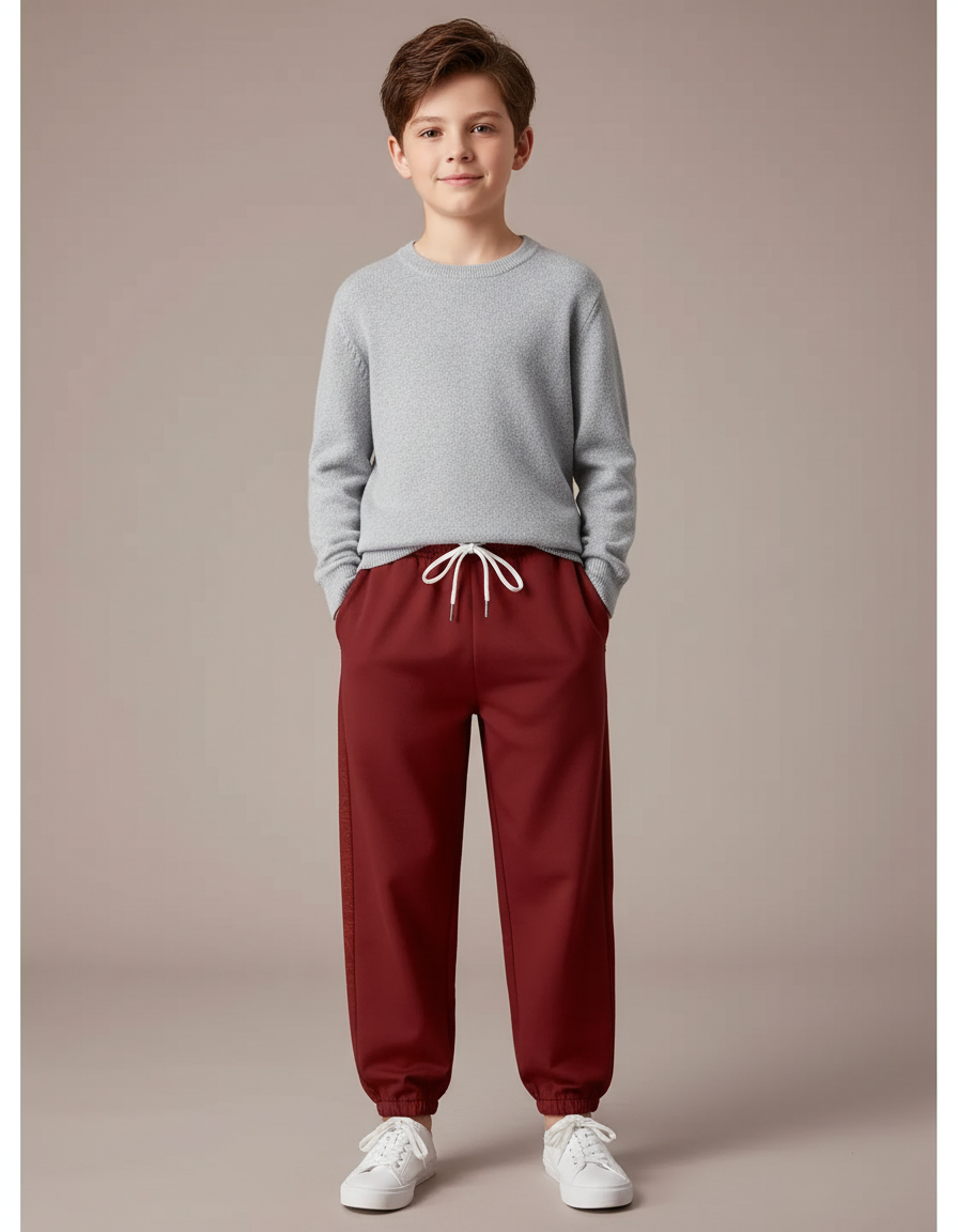 Pantalon Chinois Rouge Cordon Élastique Garçon Jogger - Bordeaux Polyester