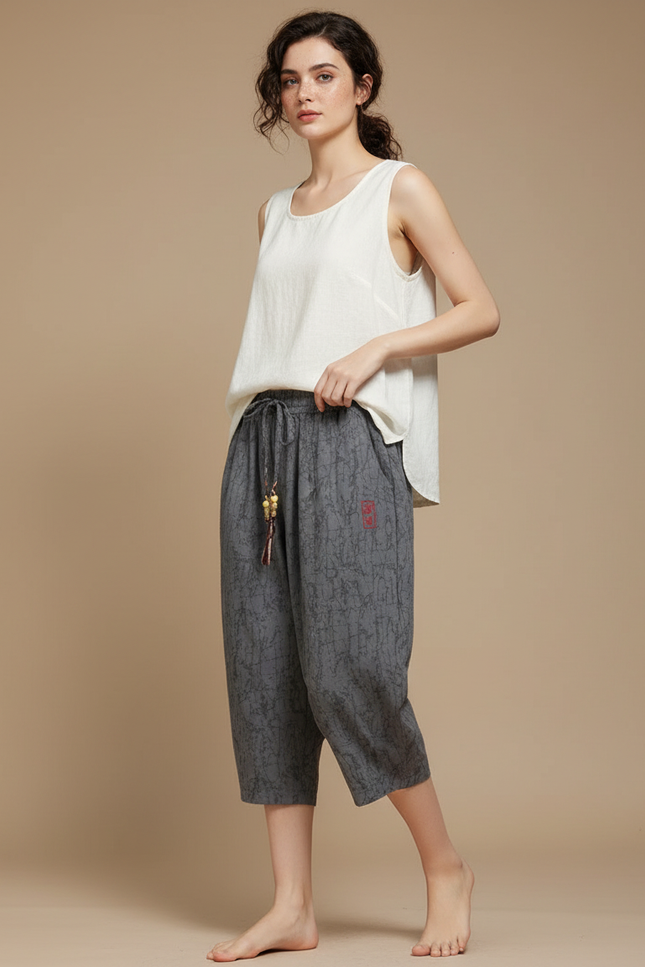 Pantalon Chinois Harem Imprimé Ample Gris Coton