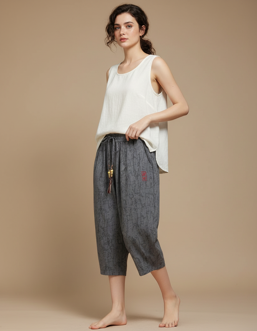 Pantalon Chinois Harem Imprimé Ample Gris Coton