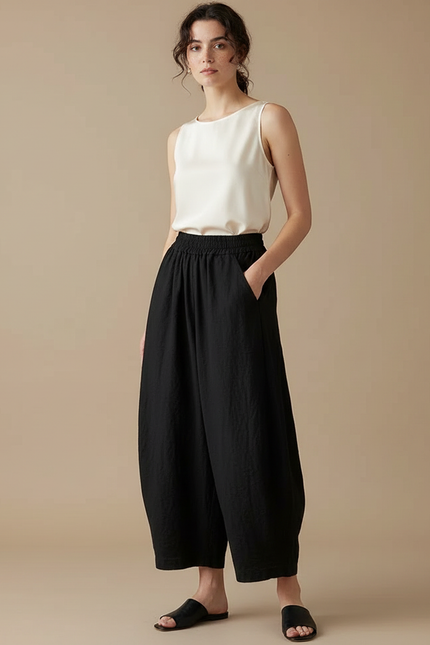 Pantalon Chinois Noir Ample Coton Fluide Décontracté - Lin