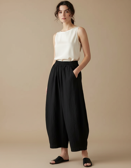 Pantalon Chinois Noir Ample Coton Fluide Décontracté - Lin