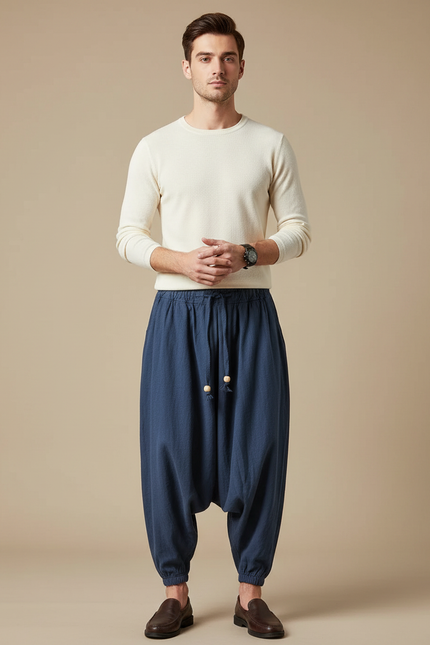 Pantalon Chinois Lin Coton Ample Décontracté Homme Bleu Marine
