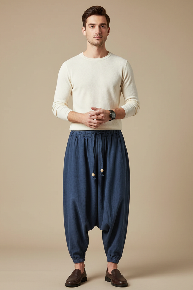 Pantalon Chinois Lin Coton Ample Décontracté Homme Bleu Marine
