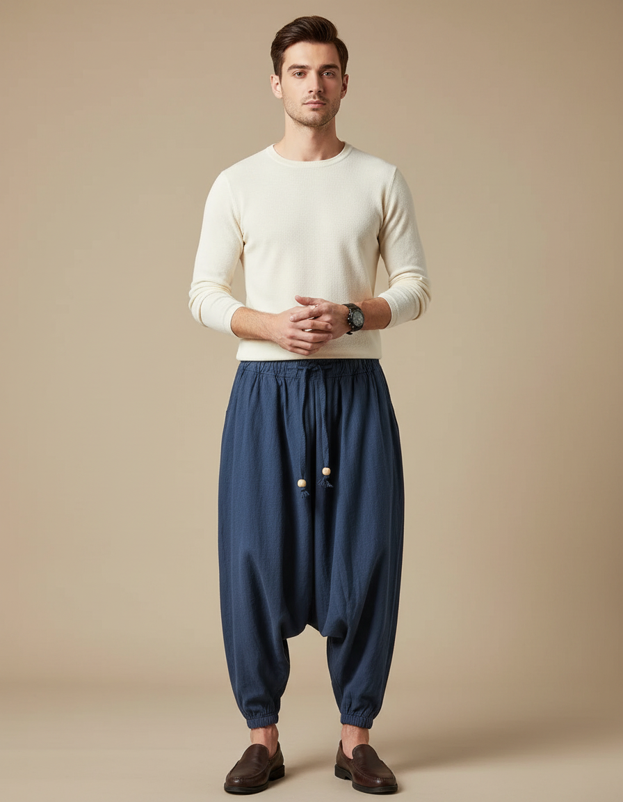Pantalon Chinois Lin Coton Ample Décontracté Homme Bleu Marine