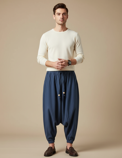 Pantalon Chinois Lin Coton Ample Décontracté Homme Bleu Marine