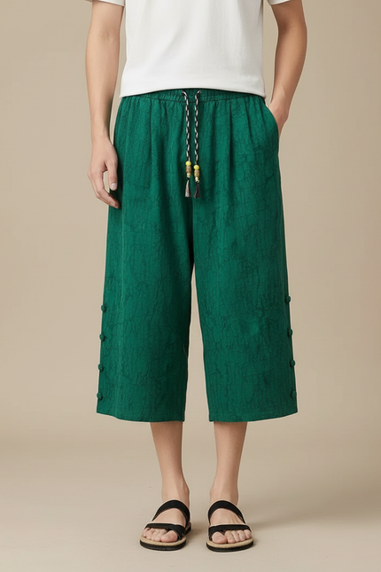 Pantalon Chinois Vert Ample Lin Froissé Décontracté