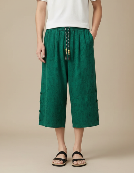 Pantalon Chinois Vert Ample Lin Froissé Décontracté