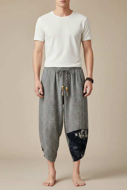 Pantalon Chinois Gris Ample Lin Tie-Dye Décontracté