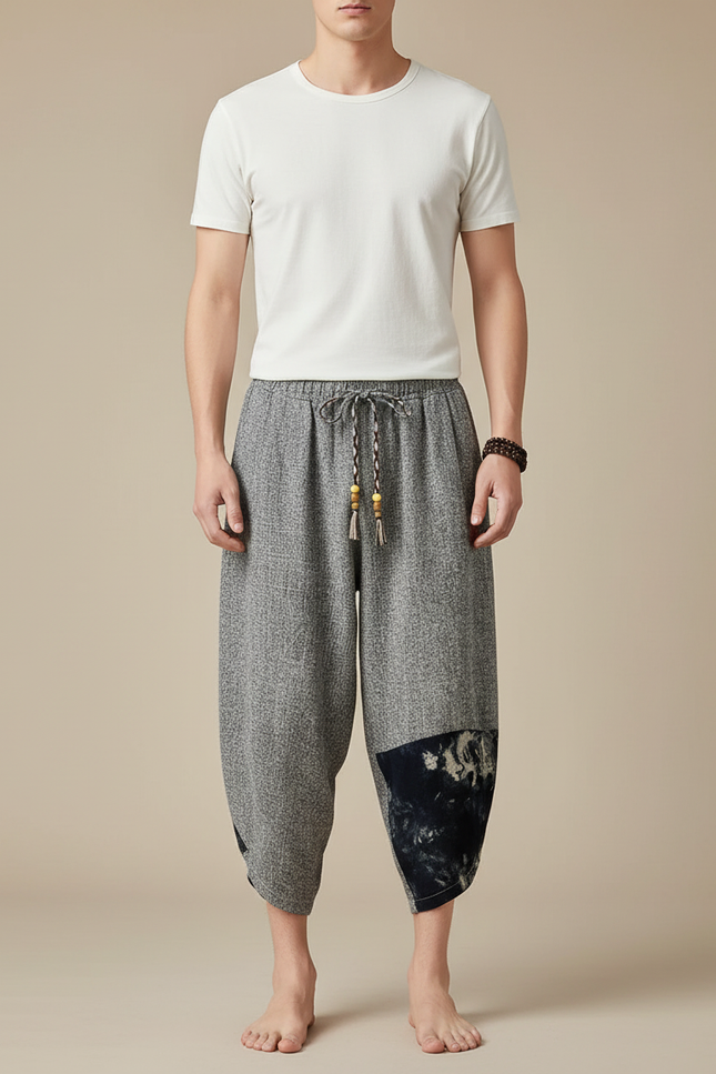 Pantalon Chinois Gris Ample Lin Tie-Dye Décontracté