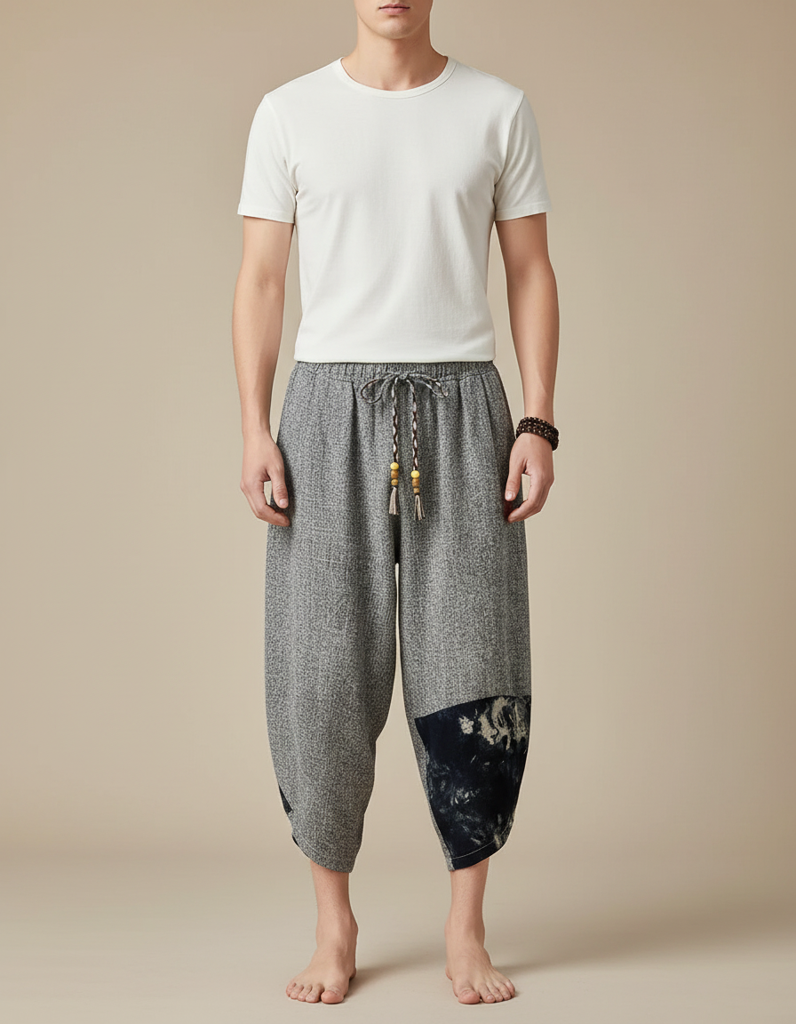 Pantalon Chinois Gris Ample Lin Tie-Dye Décontracté