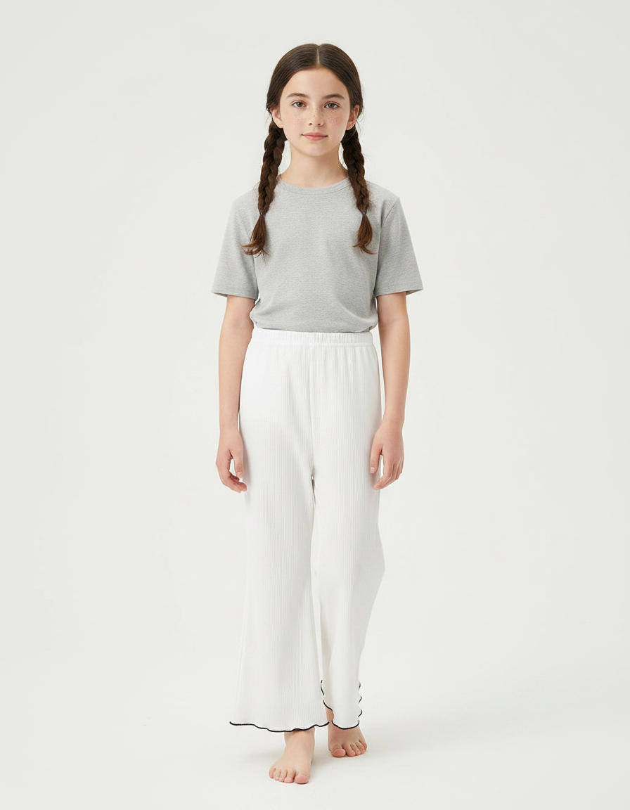 Pantalon Chinois Blanc Plissé Ample Ondulé Fille - Maille