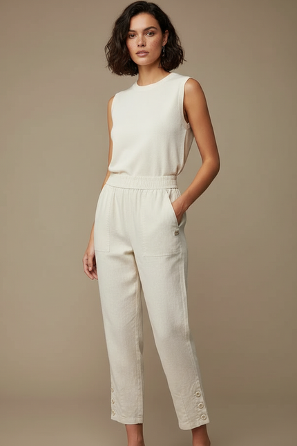 Pantalon Chinois Lin Écru Fluide Décontracté Femme - Beige
