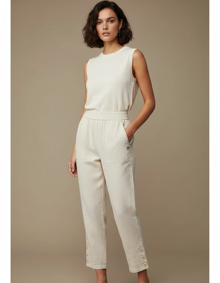 Pantalon Chinois Lin Écru Fluide Décontracté Femme - Beige