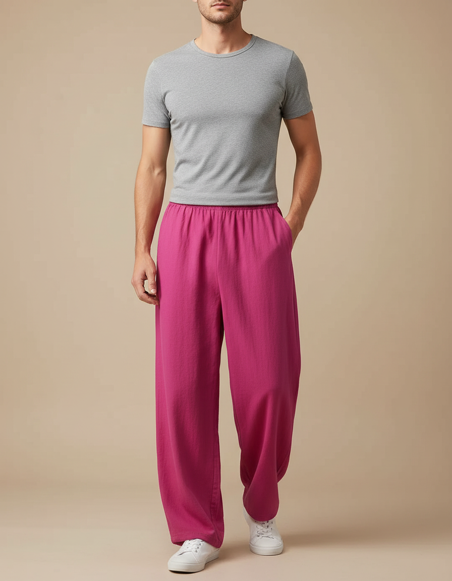 Pantalon Chinois Rose Ample Coton Décontracté Homme