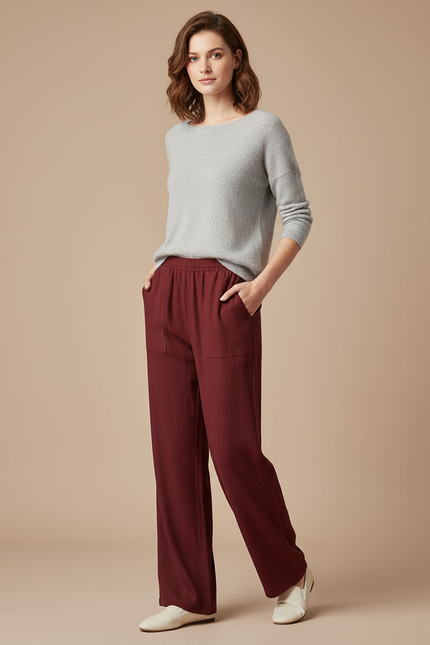 Pantalon Chinois Bordeaux Ample Fluide Décontracté Femme - Viscose